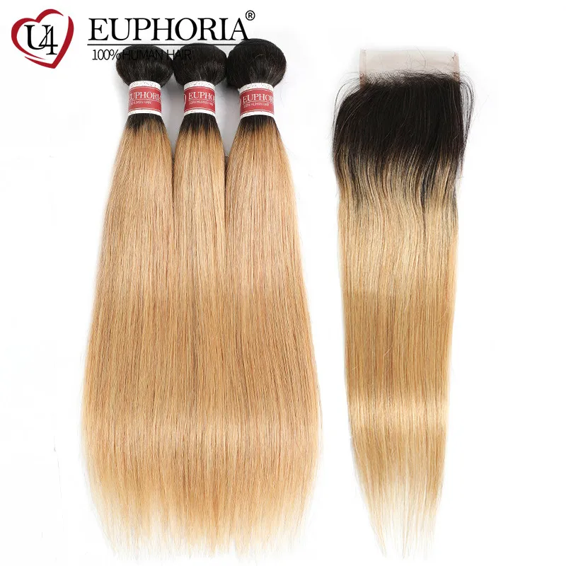 1b/27 Омбре блонд прямые пряди с 4x4 кружева закрытие волос бразильские человеческие