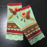 autumnwinter hand hook and embroidery tricolor flower warm gloves woolen woven knitted half finger gloves for ladys