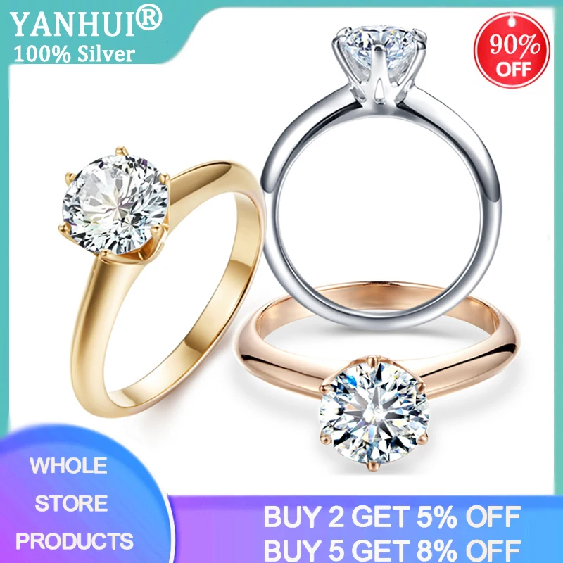 

YANHUI Brand Classic Pure Solid White/Yellow/Rose Gold Color Ring Original 2.0ct Zirconia Diamond Wedding Band Rings For Women