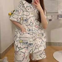 kawaii cinnamoroll anime summer pajamas short sleeve cardigan peter pan collar sleepwear womens v neck nightgown girl homewear