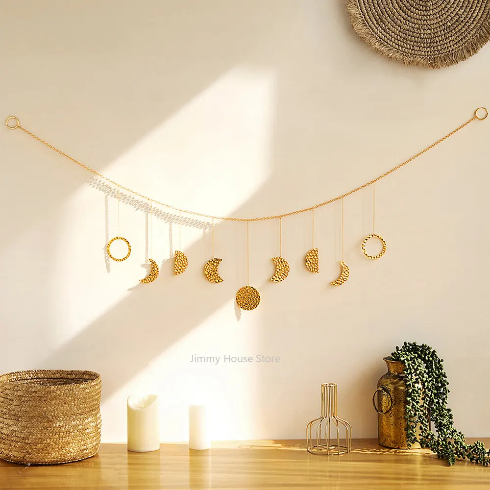 

Gold Moon Phases Wall Hanging Decor Metal Moon Shape Decoration Chains Wall Hanging Ornaments for Bedroom Living Room Decor