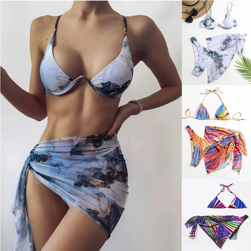 

3 Pcs Summer Sexy Bikini Set Bohemian Swimwear Women Push Up Swimsuit Bathing Suit Beachwear Swim 2022 New maillot de bain luxe