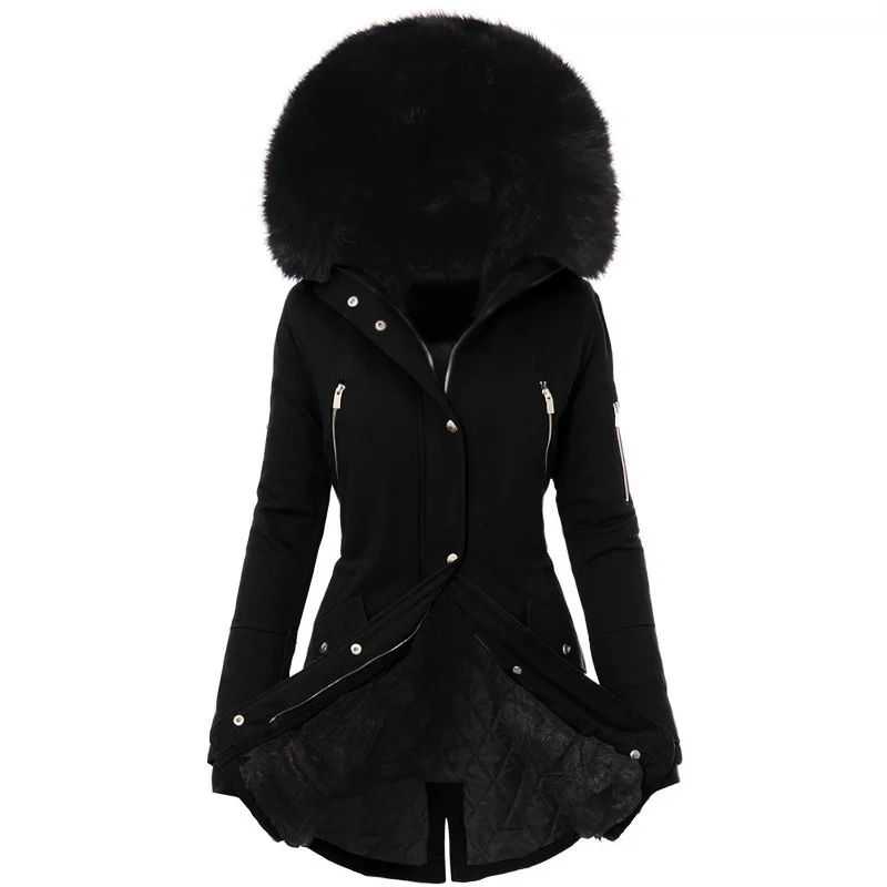 2022 Winter women's cotton padded clothes Thickened cotton padded clothes Medium length coat Women's wool collar hood for warmth