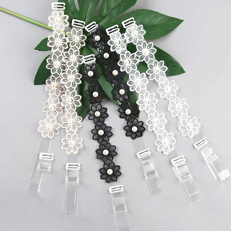 

1pair Transparent Shoulder Strap With Beads Mesh Flower Pearl Bra Strap Non-Slip Underwear Elastic Straps Bra Accessory