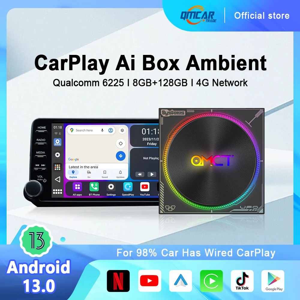 QMCT Carplay Ai Box Android 13 окружающая стандартная беспроводная Автомобильная QCM6225 8 ГБ + 128