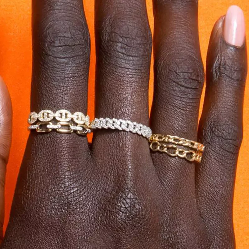

Cuban Link Chain Dainty Rings for Women Teens Gold Aesthetic Iced Out Zircon Stacking Matching Design Rings Trend Jewelry