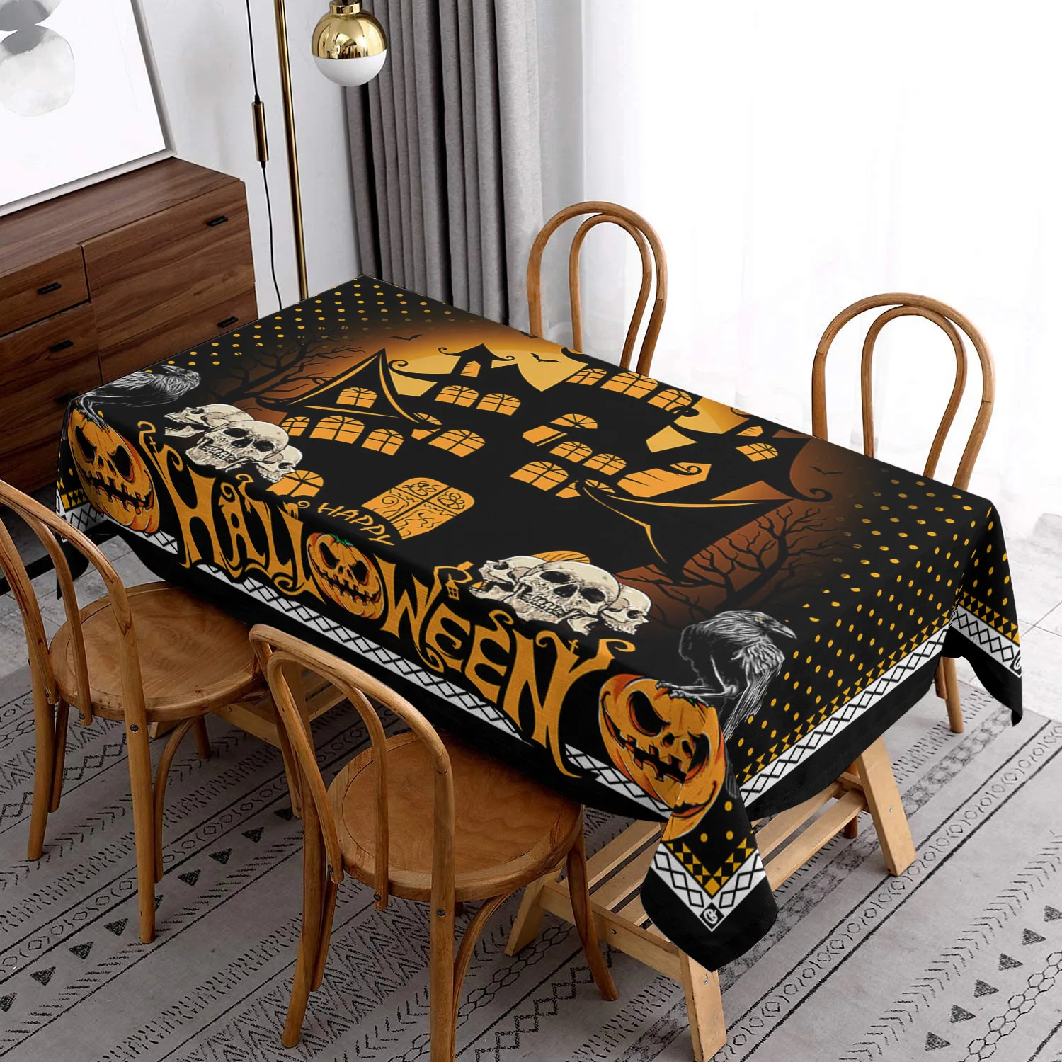 

Halloween Linen Tablecloth for Table Party Decoration Anti-stain Pumpkin Castle Print Dining Table Tablecloth Table Cover Tapete