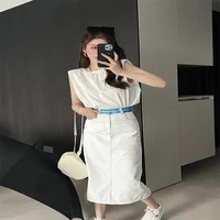women sleeveless o neck high waist a line denim skirts white color with blue belts casual style youth faddish 2022 summer