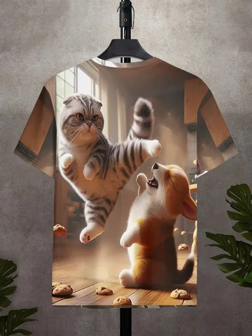 Мужская повседневная футболка с коротким рукавом и 3D-принтом животных — очаровательный дизайн кота и собаки, легкий полиэстер с круглым вырезом
