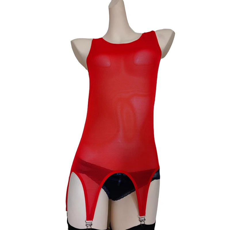 Sexy Women Mesh Garter Belt See Through Bodysuit with 6 Straps Suspender Belt for Stocking Vest Night Club Underwear