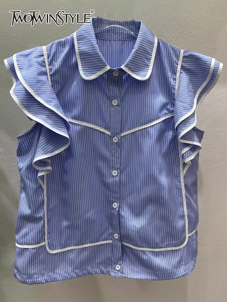 

TWOTWINSTYLE Ruffle Trim Colorblock Shirt For Women Lapel Sleeveless Straight Button Through Blouse Female Clothing Style 2022