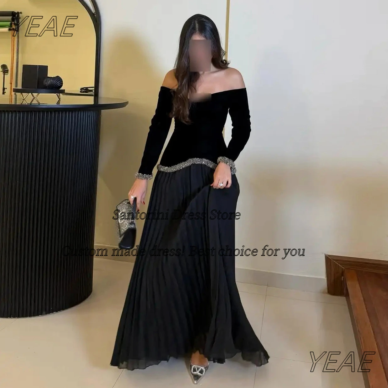Фото Санторини по индивидуальному заказу Vestidos De Gala платья для выпускного вечера с длинными рукавами и бисером вечерние платья Саудовские женщины плиссированные платья для дня рождения №1