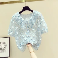 three dimensional flower chiffon blouse and top short sleeved shirt womens summer clothing 2022 new beaded shirts female blusas