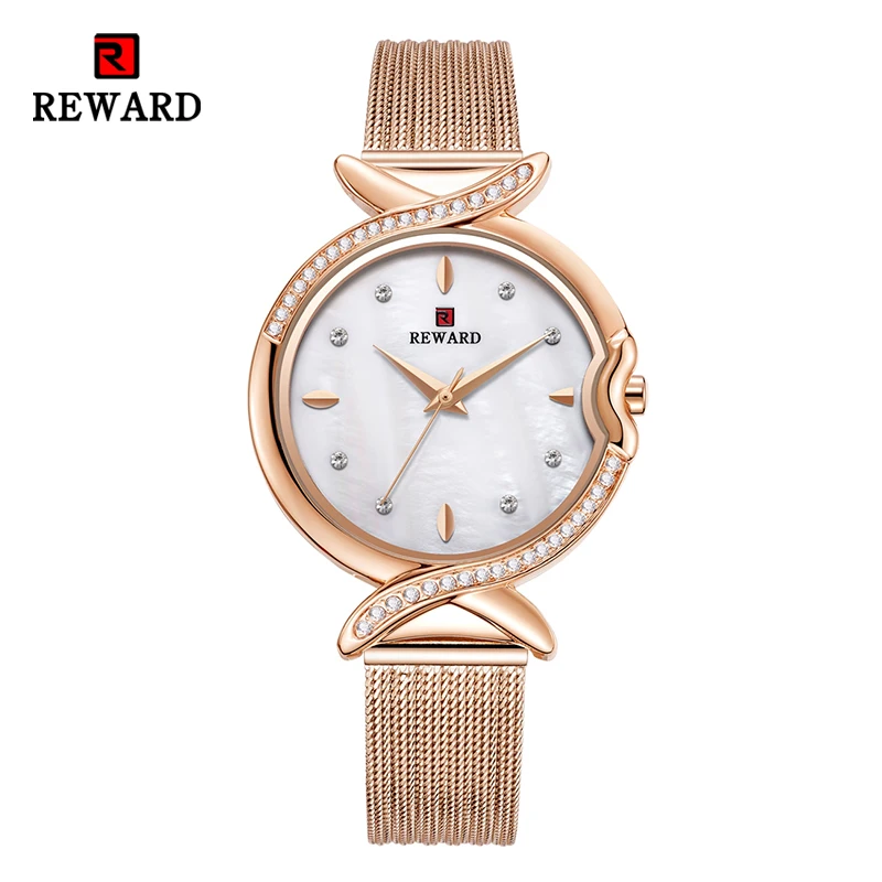 

REWARD женские кварцевые часы, новые модные наручные часы с жемчужным циферблатом, сетчатый ремешок, водонепроницаемые наручные часы для девушек, часы для нее