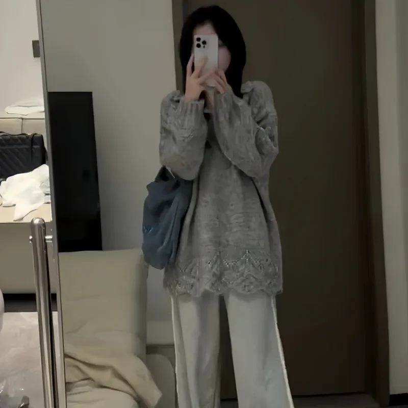 Пуловер во французском стиле с 3D цветами и лацканами свитер женский