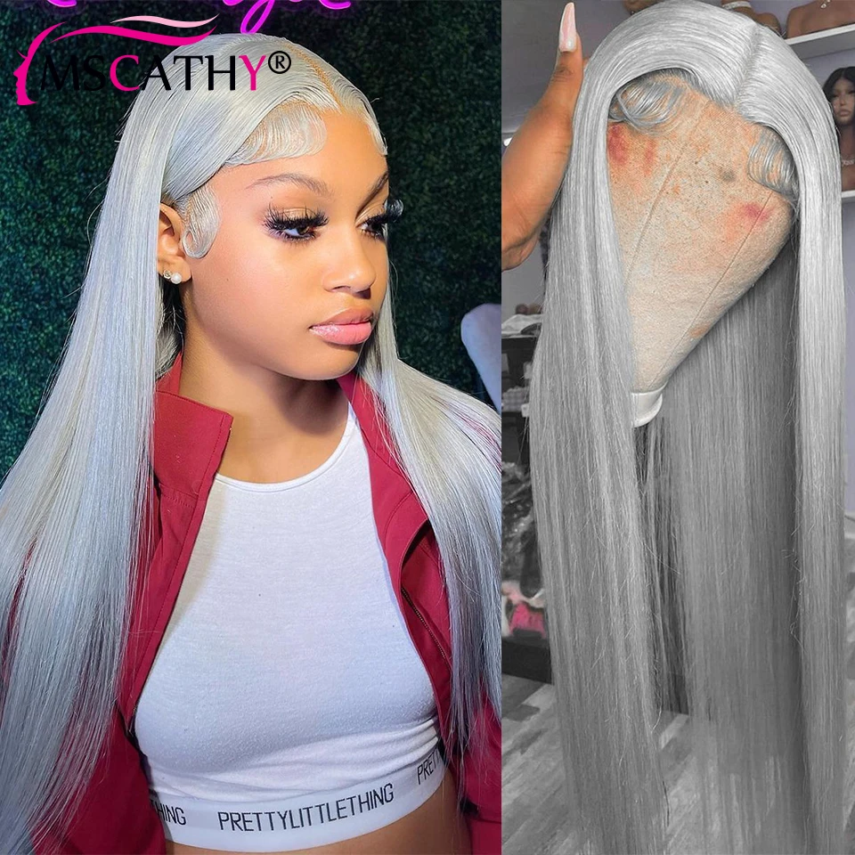 13x4 Straight Gray Colored Lace Front Human Hair Wigs Sliver Grey HD Transparent Lace Frontal Wig 30 Inches Cosplay Lace Wig