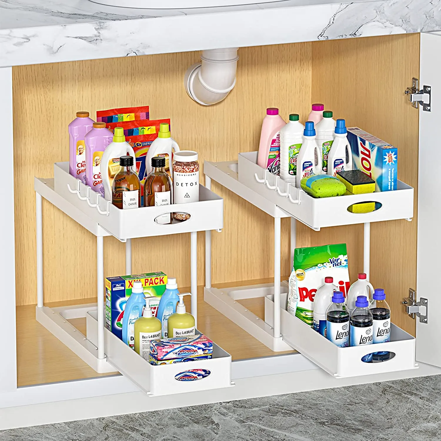 

Multi-function Storage Organizer Double Shelf with Hooks for Bathroom Kitchen Laundry Detergent Spice Jar Grocery Storage Rack