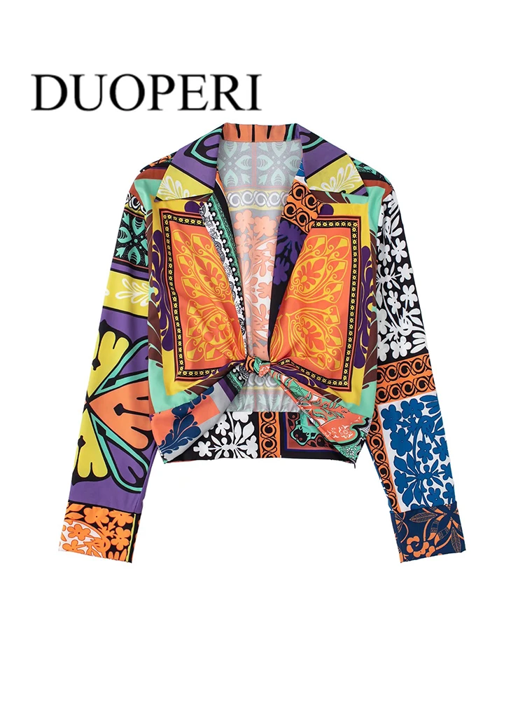 

DUOPERI Women Fashion Patchwork Print Crop Blouse With Knot Long Sleeves Female Chic Lady Vintage Shirts Outfits