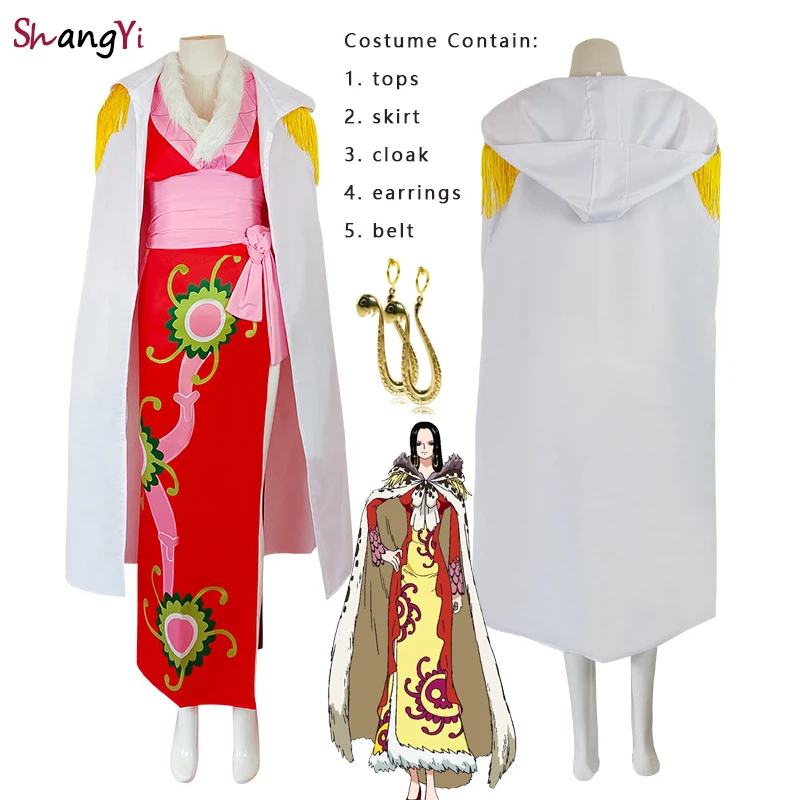 

Anime One Piece Boa Hancock Cosplay Costume Skirt Cloak Earrings Belt Red Sexy Cheongsam Set Halloween Woman Fancy Dress Suit