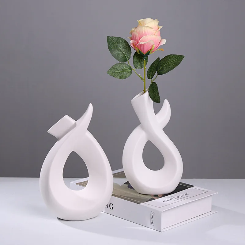 

Nordic Ceramic White Vase Special Shape Abstract Art Hollow Ornaments for Office Desktop Porch Home Room Bedroom Balcony Decor