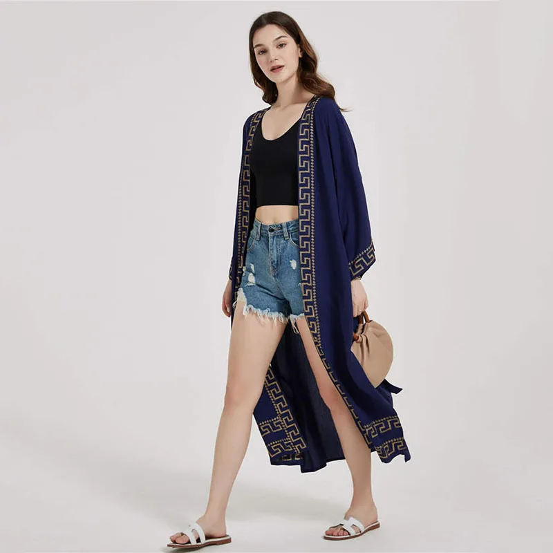 

Navy Blue Embroidery Bikini Cover-ups Elegant Self Belted Kimono Dress Tunic Women Beach Wear Swim Suit Cover Up