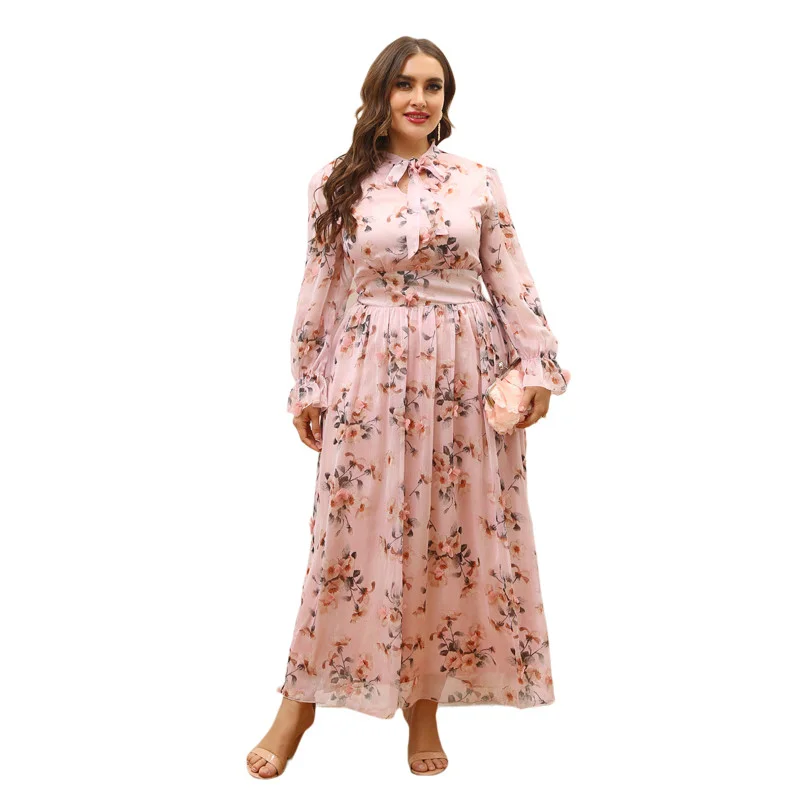 

Oversized Evening Maxi Dresses Women's Chic Elegant 2022 Large Long Sleeve Floral Pink Party Festival Clothing L- 4XL