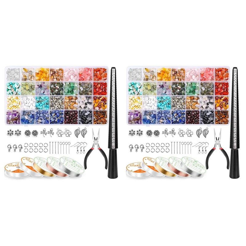

2X Ring Making Kit With 28 Colors Crystal Beads,1660 Pcs Crystal Jewelry Making Kit With Gemstone Chip Beads
