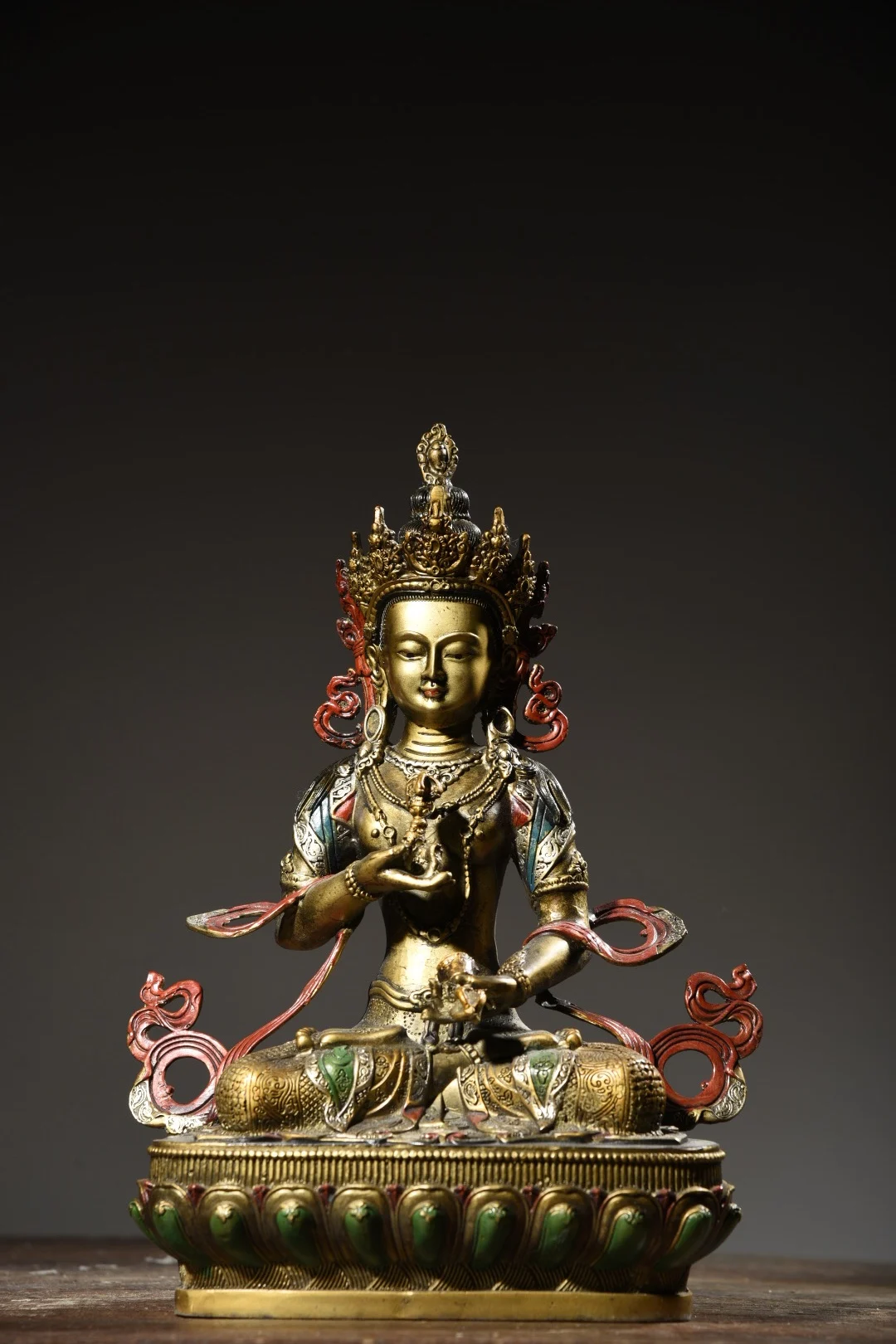 

11" Tibetan Temple Collection Old Bronze Painted Vajrasattva Hammer Vajrasattva lotus platform worship buddha Town house
