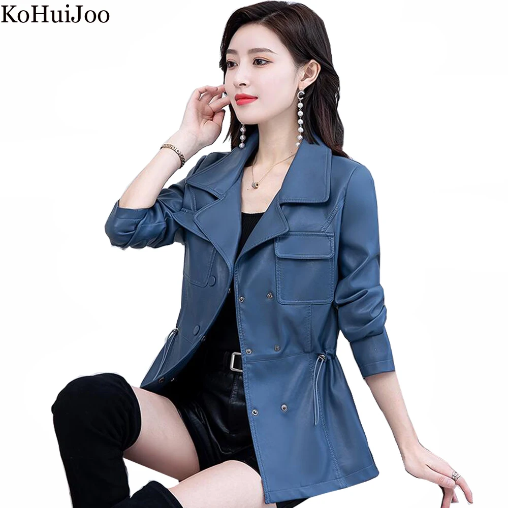 KoHuiJoo 2022 Spring And Autumn New Leather Jacket Women Double Breasted Slim Drawstring Faux Leather Jackets Woman Coat M-6XL