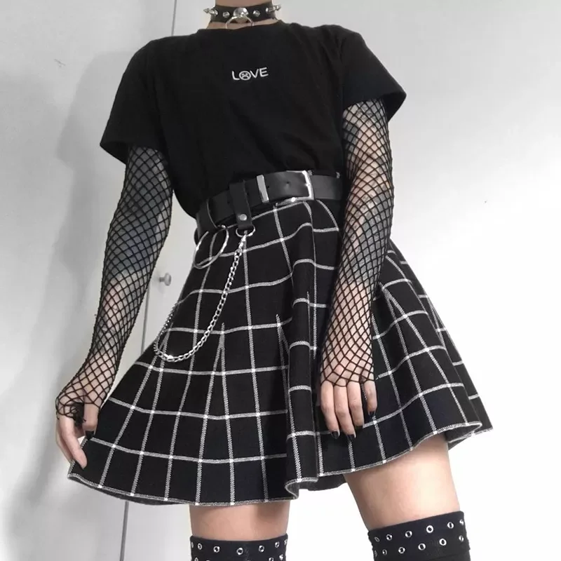 

New2022 Aesthetic Gothic Grunge Plaid Black Mini Skirt Women High Waist A-line Skirt E-girl Vintage Mall Harajuku Streetwear Clo