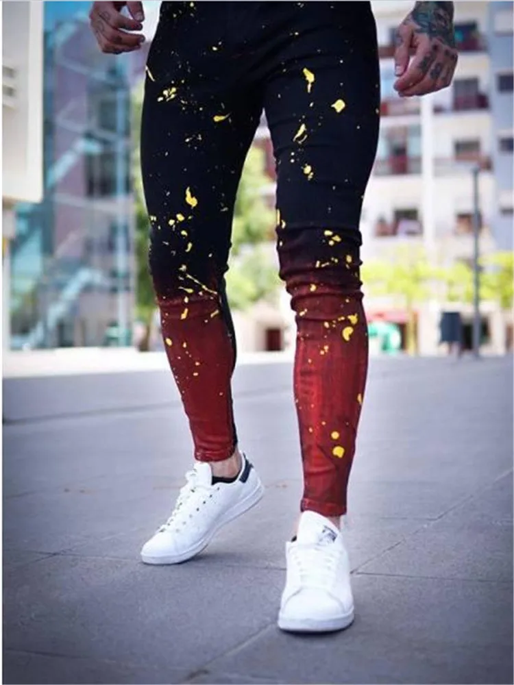 2022 Red And Black Gradient Printing Skinny Jeans Men Painted Stretch Slim   Distressed Pleated Knee Patch  Pants Brand casual