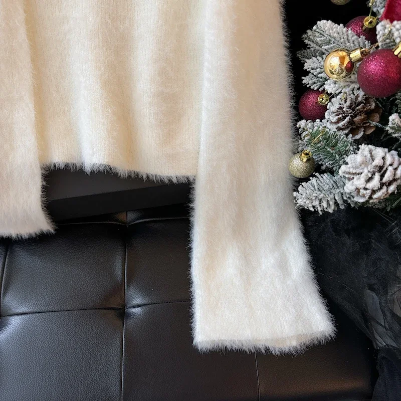 Bomon 2024 осенне-зимний французский нежный свитер с круглым вырезом и длинными