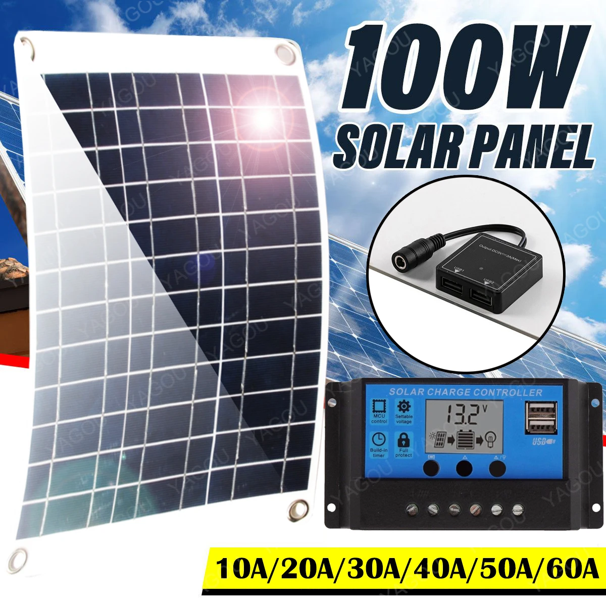 

100W Solar Panel Kit Semi-Flexible with 60A Solar Controller Solar Plate Kit Solar Cells for Car Yacht RV 12V/5V Battery Charger