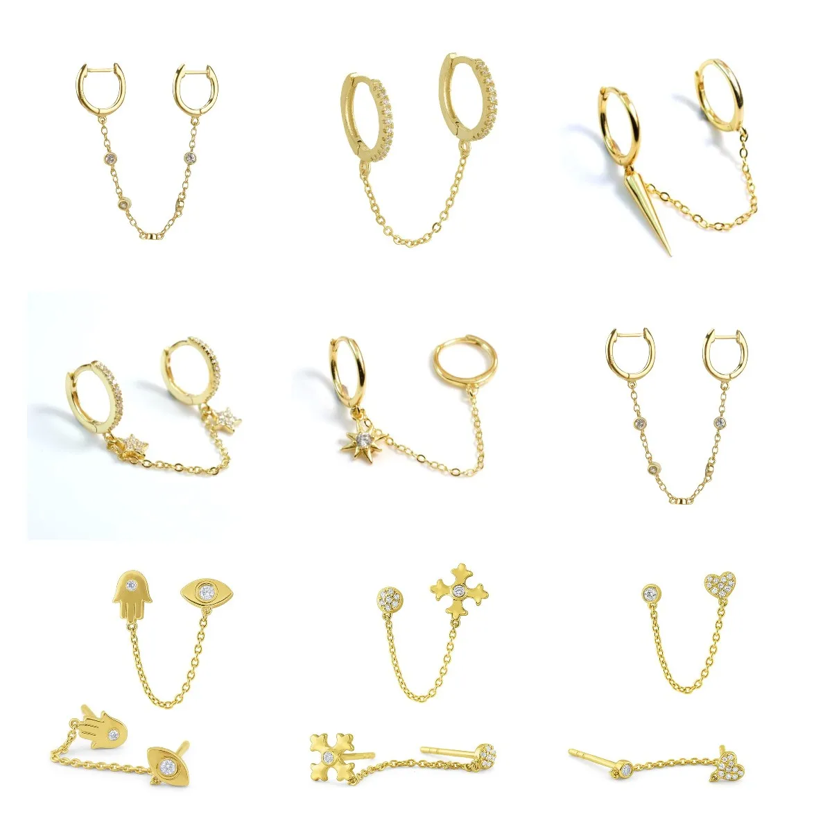 Позолоченные серебряные серьги-кольца с двойным отверстием круглые цирконом