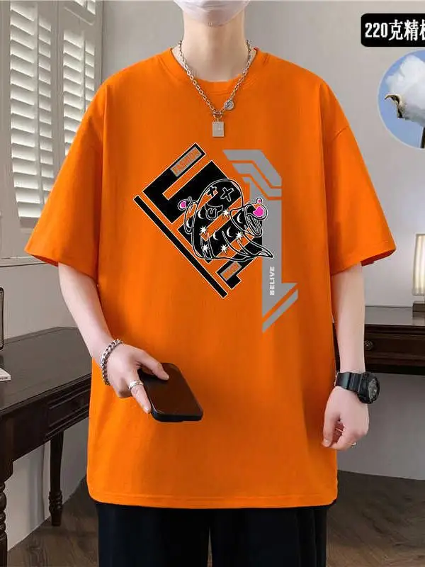 Heavy Cotton Short sleeve T-shirt Men's Summer Fashion Brand Print Youth Casual Loose Half Sleeve Top T