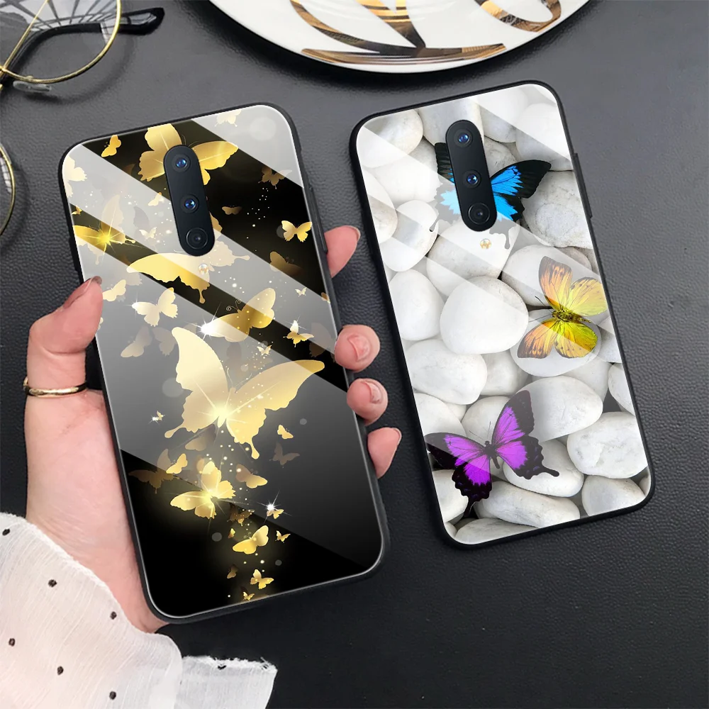 

Luxury Butterfly Tempered Glass Case for Oneplus 9 8T 7 T Pro Back Cover for One plus 7T 9RT 5G N10 N100 Phone Funda Shells Capa