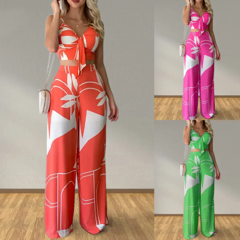 

Summer New Fashion V-neck Tank Top Suspender, High Waist Printing Slim Fit Wide Leg Pants Two-piece Set Commuter Style Clothing