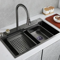 black nano sink 304 stainless steel sink under counter basin large single slot waterfall faucet kitchen supplies