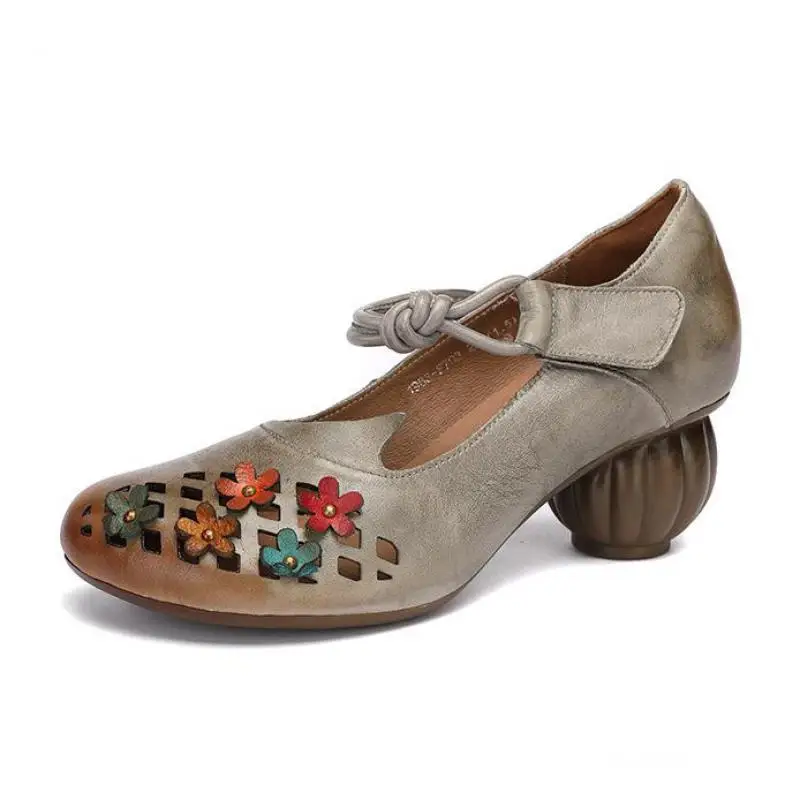 

YourSeason Vintage Shoes Ladies Pumps Genuine Leather 2022 New Spring Hook Loop Women Round Toe Hollow Floral Handmade Shoes