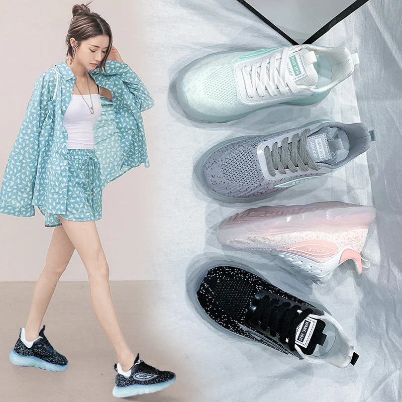 Women Sneakers Fashion Frenulum Casual Shoes 2021 Platform Flying Weave Ladies Luminous Comfortable Lightweight Green Footwear