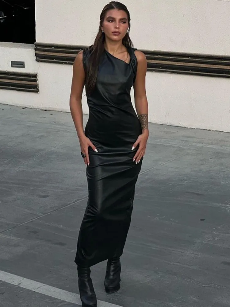 

Macheda Elegant PU Leather Off Shoulder Maxi Dress for Women 2022 Solid Sleeveless Slash Neck Evening Dresses Party Club Robe