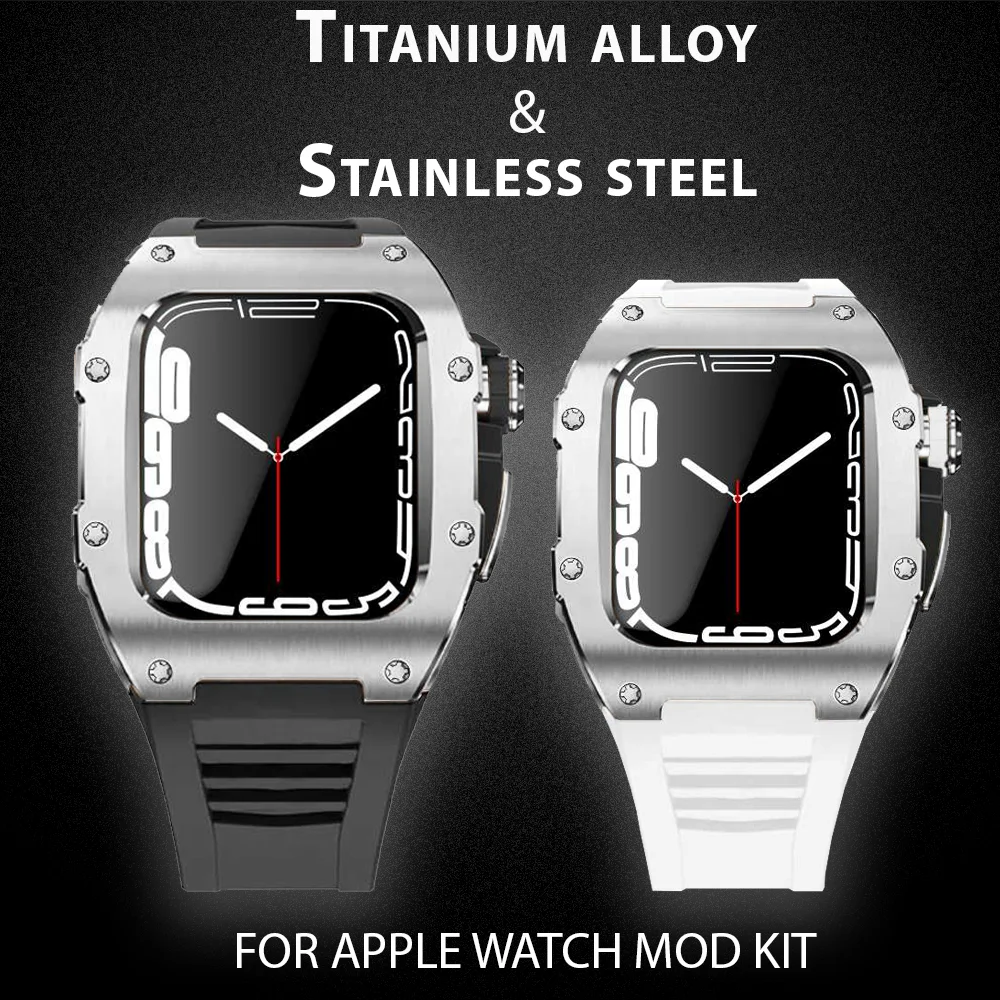 Stainless Steel Bezel Fluorine Rubber Strap for Apple Watch Series 7 6 5 4 Se Metal Frame for IWatch 44MM 45MM Diy Accessories