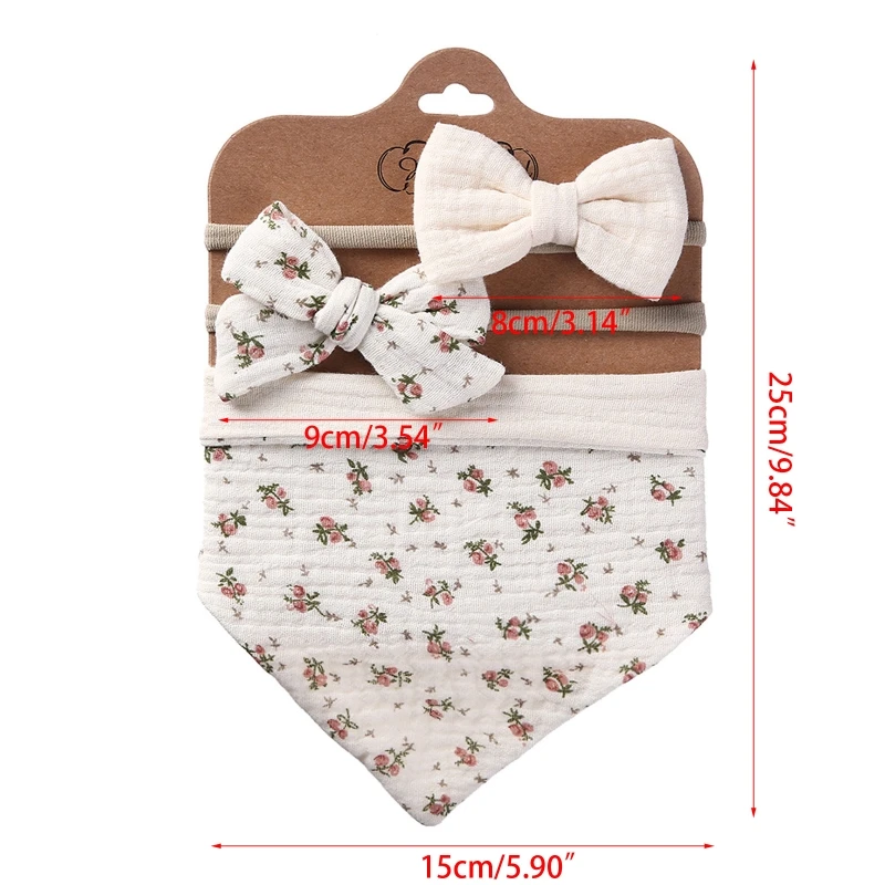 

3Pcs/Set Cotton Baby Bib Bow Headband Adjustable Button for TRIANGLE Saliva Towel Print Infant Boy Girl Feeding Burp Cloth