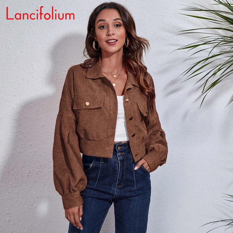 

Spring Fall Reglan Lantern Sleeve Black Corduroy Jacket Harajuku Brown Crop Top Button Up Basic Bomber Baggy Jackets Women 2022