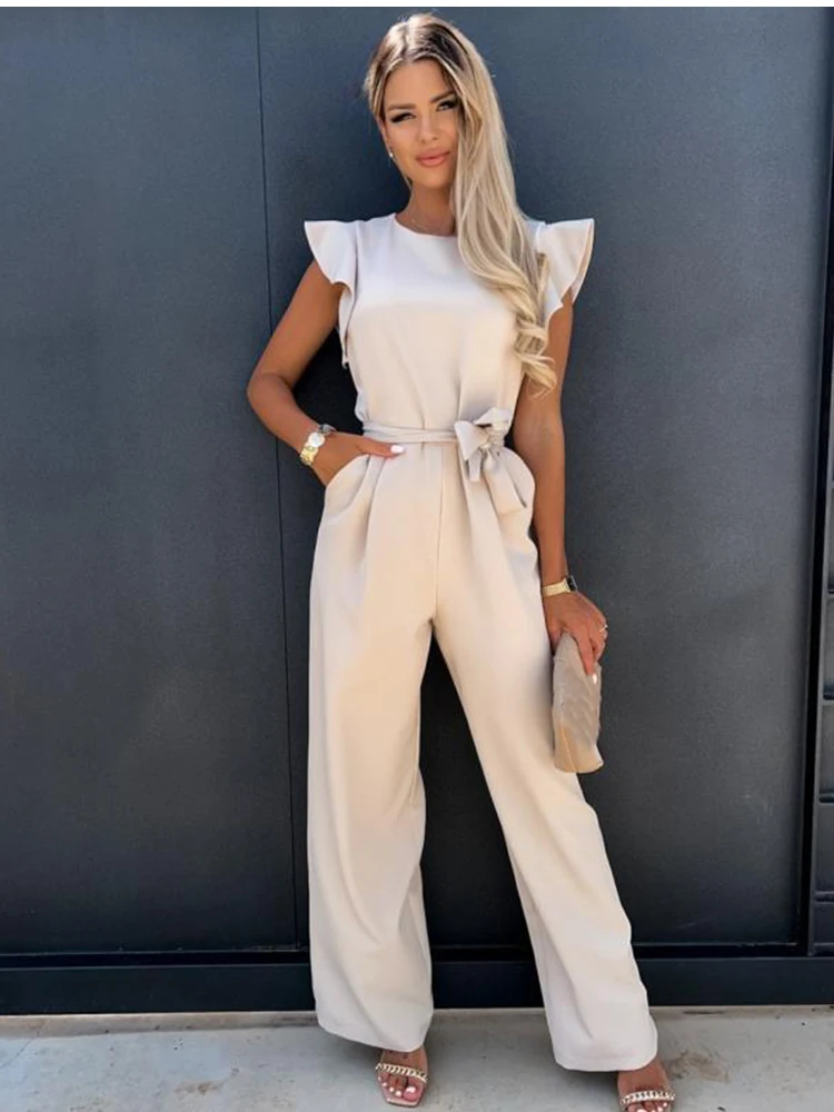Summer Jumpsuit Woman Clubwear Fashion Casual Sleeveless Ruffles White Lace Up Jumpsuit Female Elegant Romper Overalls For Women