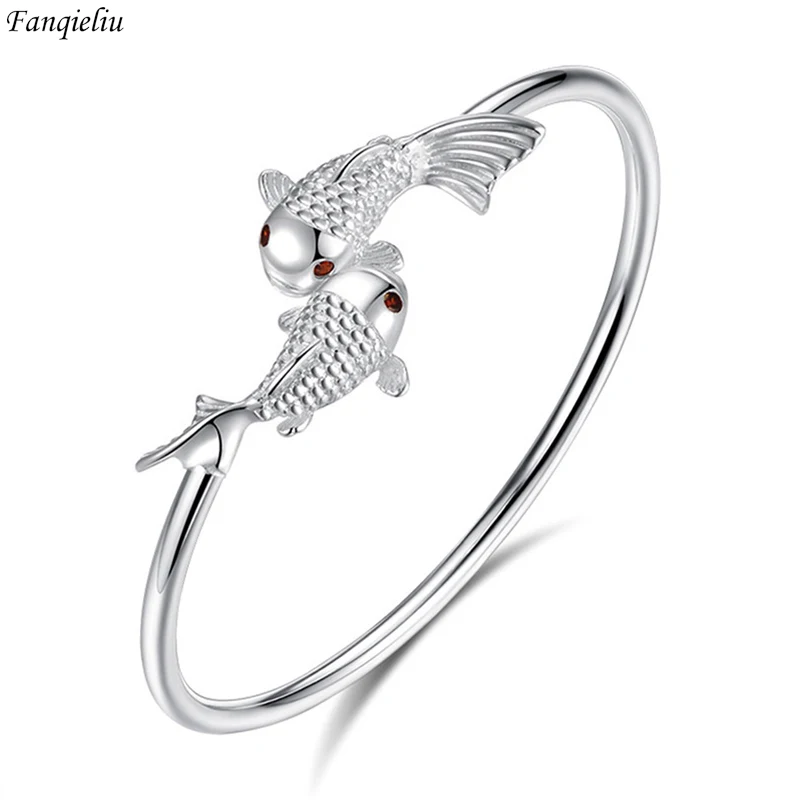 

Fanqieliu S925 Stamp Silver Color Fish CZ Zircon Cuff Bracelet Opening Bangles For Women Vintage Jewelry Girl Gift New FQL21428