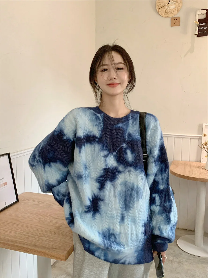 Пуловер в стиле ретро с гонконгским вкусом свитер принтом тай-дай женский