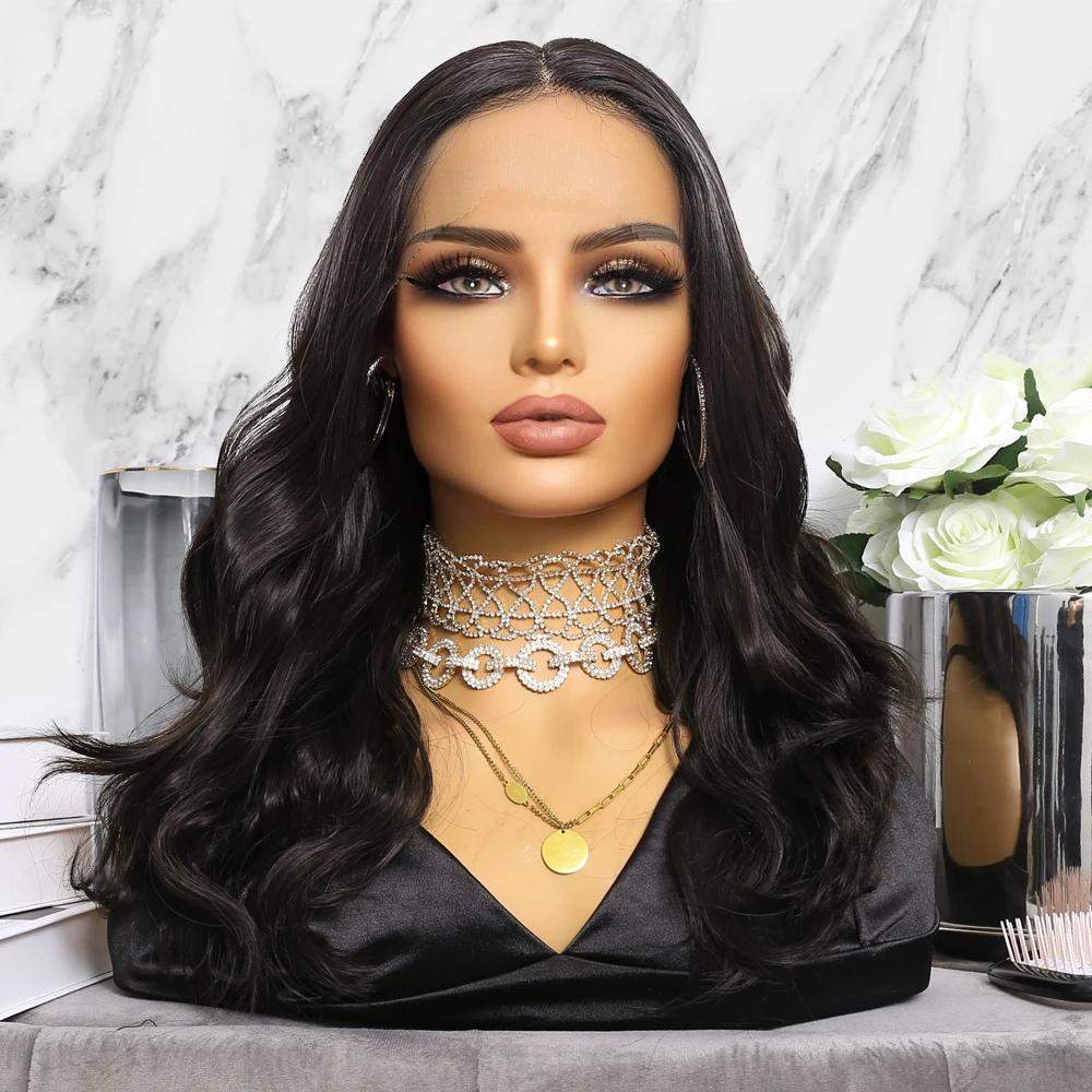 

Synthetic Lace Front Wig High Temperature Fiber For Black Women Long Wavy Black Color Natural Hairline Soft Fluffy Daily Wig