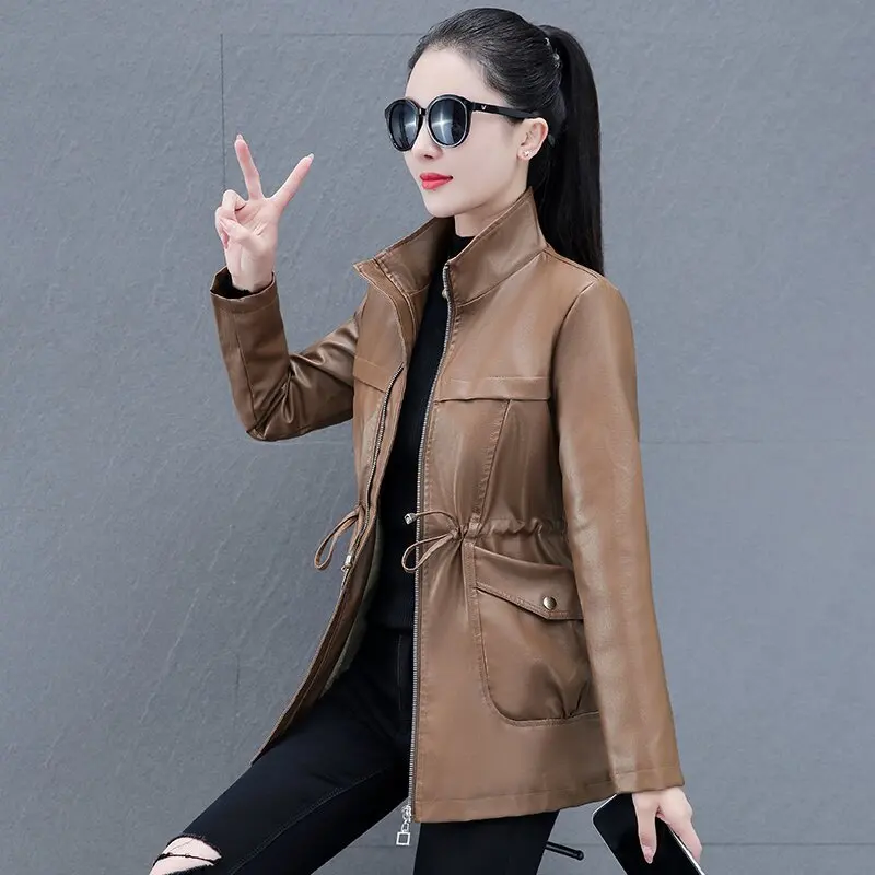 

Leather women's autumn winter Korean style waist mid-length plush thick casual jacket slim PU leather jacket vintage