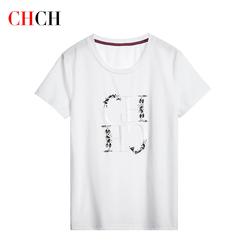 

CHCH 2023 Новая женская летняя футболка с коротким рукавом Тяжелая вышивка футболка Женская мода Повседневная Женская футболка с коротким рукавом